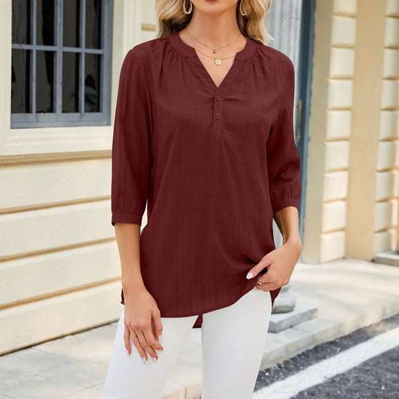Women's Spring Summer Tops Women's Fashion Solid Colour T-Shirt V-Neck Loose Five Points Sleeve Button Top