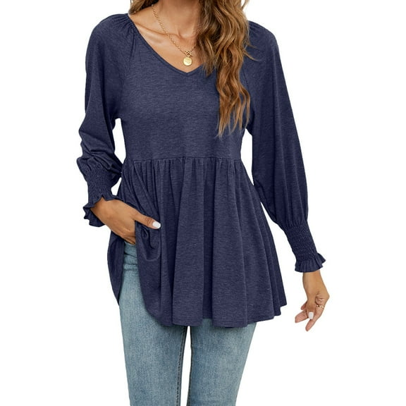Women's Spring Summer Tops Women's Solid Color V-Neck Bubble Long Sleeved Waistband Top T-Shirt