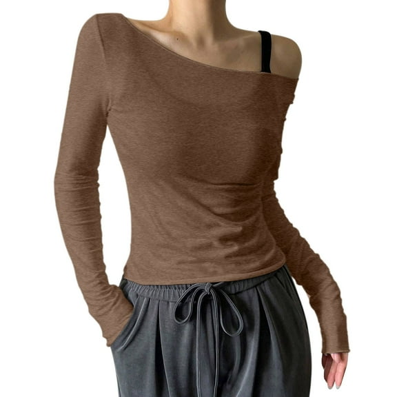 Women's Spring Tops Boat Neck Long Sleeve Off Shoulder Sheer Mesh Solid Color Blouses Slim Fit Vacation Fashion Y2K T-Shirt