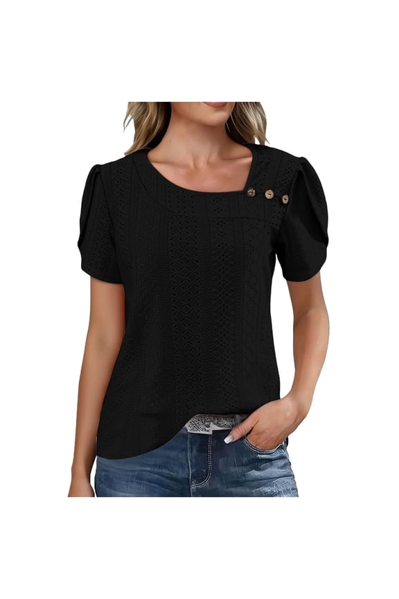 Women's Spring Tops Court Style Irregular Collar Button Down Solid Color Lace Up Short Sleeve Top Beach Vacations Sports and Fitness Social Gatherings