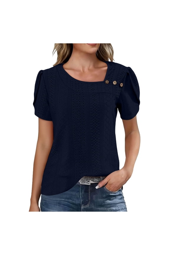 Women's Spring Tops Court Style Irregular Collar Button Down Solid Color Lace Up Short Sleeve Top Beach Vacations Sports and Fitness Social Gatherings