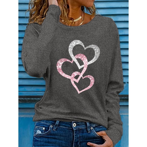 Women's Spring and Autumn 100% Cotton Loose Casual Fashion Shining Love Printed Round Neck Long Sleeve T-shirt Top