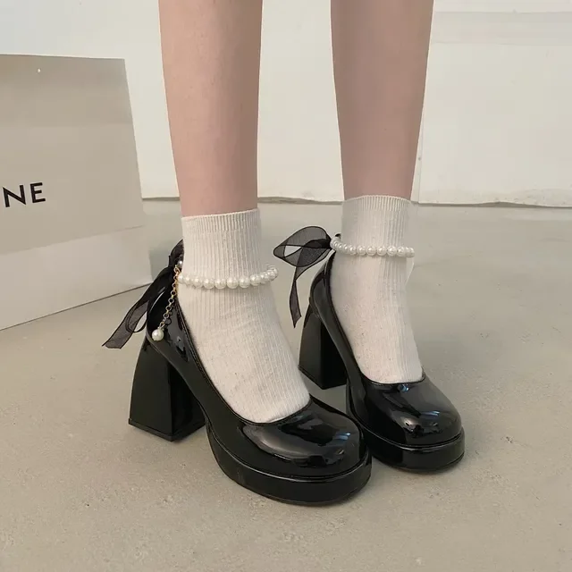 Women s Spring and Autumn New Vintage Pearl Bow Mary Jane Shoes Thick Heels Sweet High Heels Single Shoes Walmart