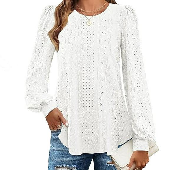 Women's Spring and Autumn Round Neck Loose Casual T-shirt Holes and Lantern Sleeves Design Temperament Fashion Daily Commute can be Worn Long Sleeves