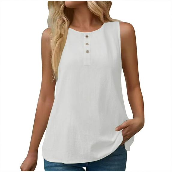 Women's Spring and Summer Cotton Linen Solid Color Round Neck Button Sleeveless Top, Casual T-shirt Vest, Comfortable and Stylish Summer Wear
