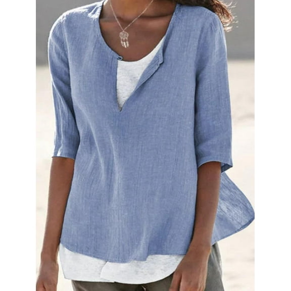 Women's Spring and Summer Fashion Shirt Female V-neck Solid color cotton and linen mid-sleeve shirt
