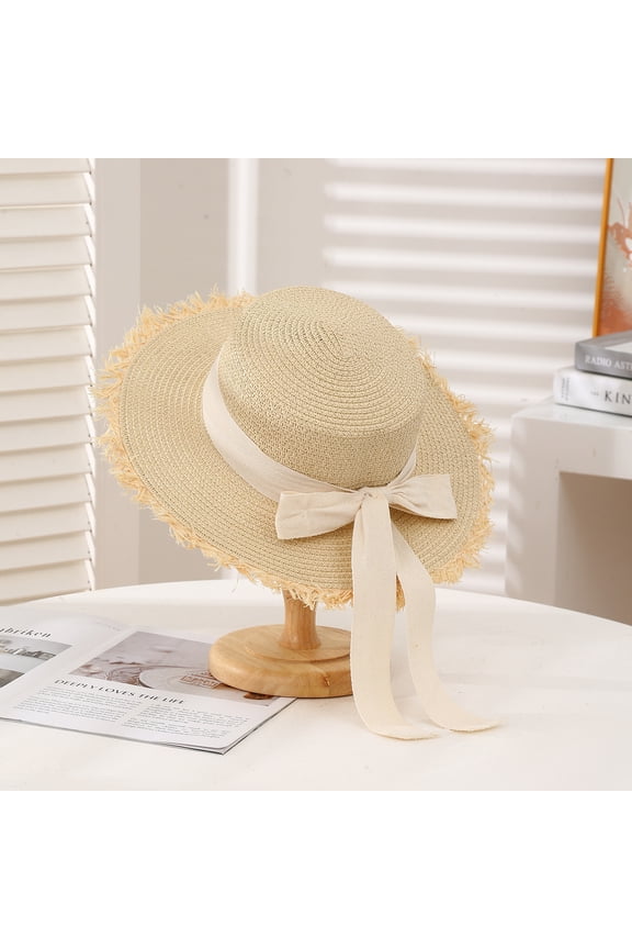 Women's Spring and Summer Fashion Straw Hat Seaside Vacation Beach Hat Flat Top Ribbon Bow Raffia Straw Sun Hat Pink 1 Piece