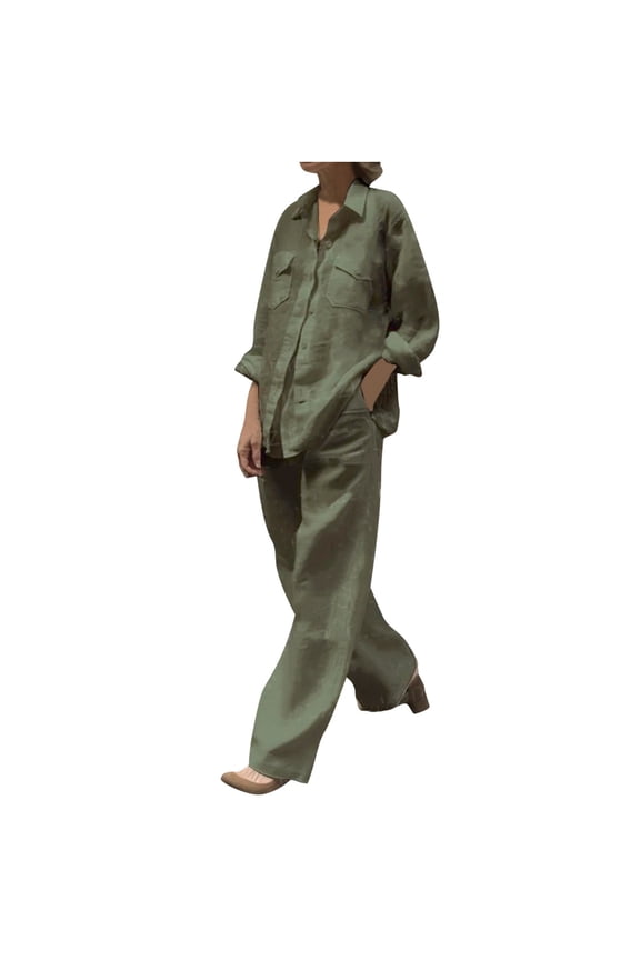 Women's Spring and Summer V-neck Loose Lapel Buttons Long Sleeved Shirt Wide Leg Pants Color Set Plus Size Cotton Linen Outfits Green,3XL