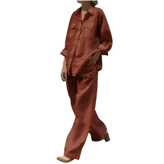 Women's Spring and Summer V-neck Loose Lapel Buttons Long Sleeved Shirt Wide Leg Pants Color Set Plus Size Cotton Linen Outfits Wine,XL