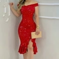 thumbnail image 1 of Women's Spring or Summer Fashionable Elegant Sexy Dress One Shoulder Solid Color Slit Elegant Ruffled Party Glitter Dress, 1 of 8