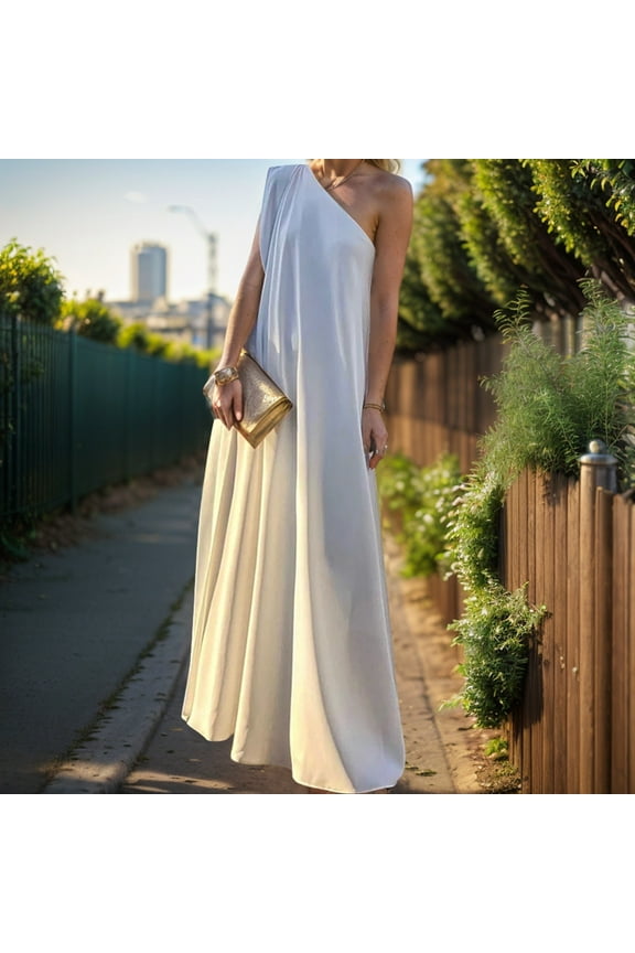 Women's Spring/summer Fashion One Shoulder Sleeveless Solid Color Banquet Dress Long Dress Lace Vintage Long Prom Evening Dresses Wedding Gowns Cape Maternity Wedding Guest Dress Womens Petite Dresses