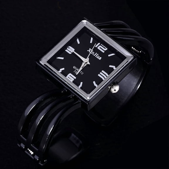 Women’s Square Bangle Watch Black Dial & Black Bracelet, Fashion Quartz Wristwatch Elegant Minimalist Cuff Watch for Ladies