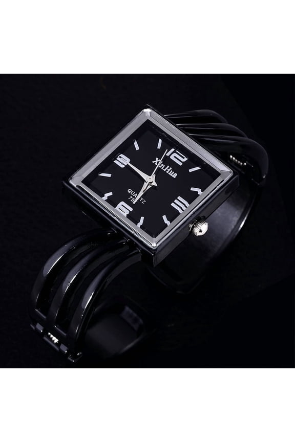 Women’s Square Bangle Watch Black Dial & Black Bracelet, Fashion Quartz Wristwatch Elegant Minimalist Cuff Watch for Ladies