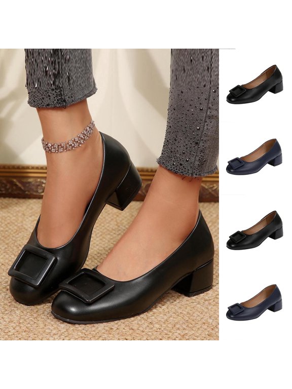 Women's Square Buckle Block Heel Pumps, Trendy Solid Color Soft Leather Slip On Shoes, Comfortable Cushioned Sole Work Shoes, Plus Size Available for Wide Feet, Fashionable Casual Dress Heels