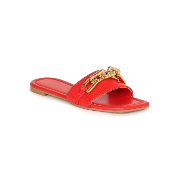 Women's Square Chain Link Square Toe Flat Slide Sandal 20592