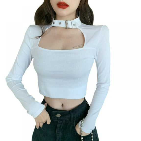 Women's Square Collar Long Sleeved Slim T-shirt Crop Tops