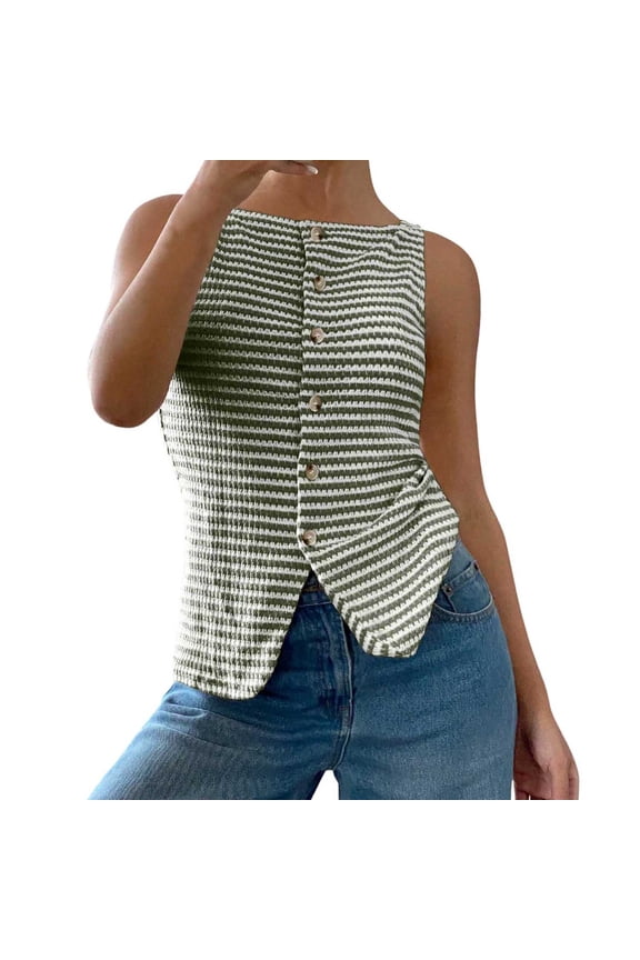 Women's Square Collar Sleeveless Blouse Open Placket Buttons, Textured Stripes, for Summer, S XL Sizes