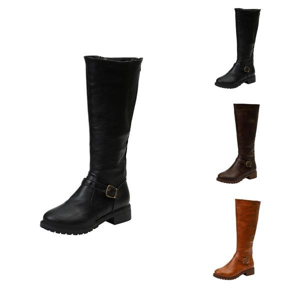 Women's Square Heel Booties, Fashion Round Toe Thick Sole Mid Booties, Zipper Design Casual Fall Winter Shoes