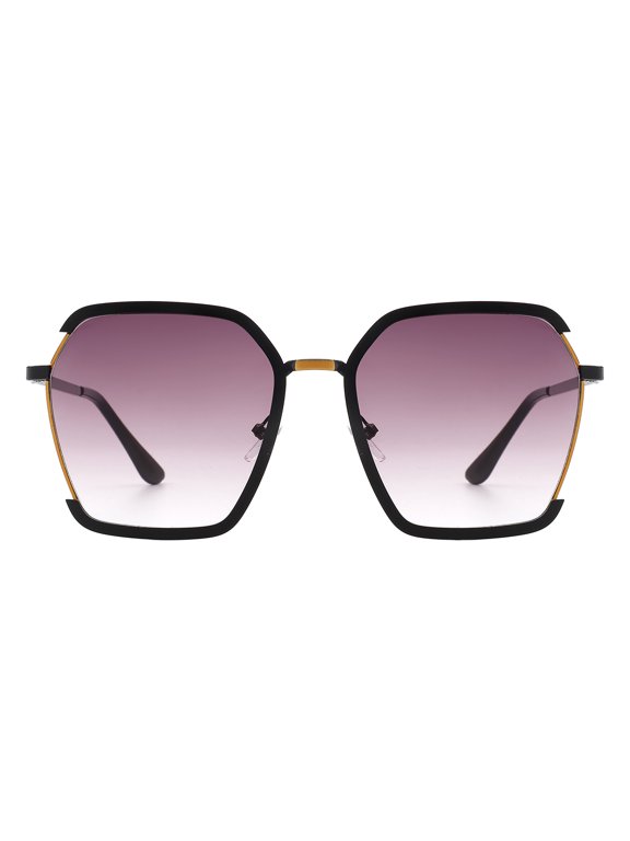Women's Square Hexagonal Sunglasses Metal Cutout Frame UV 400 Black, Smoke