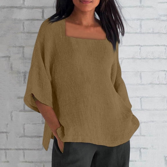 Women's Square Neck 3/4 Sleeve Cotton Shirt, Casual Chic Solid Color Tops with Baggy Loose Fit for Daily Wear and Banquet Occasions Brown L