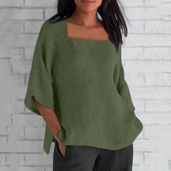 Women's Square Neck 3/4 Sleeve Cotton Shirt, Casual Chic Solid Color Tops with Baggy Loose Fit for Daily Wear and Banquet Occasions Green L