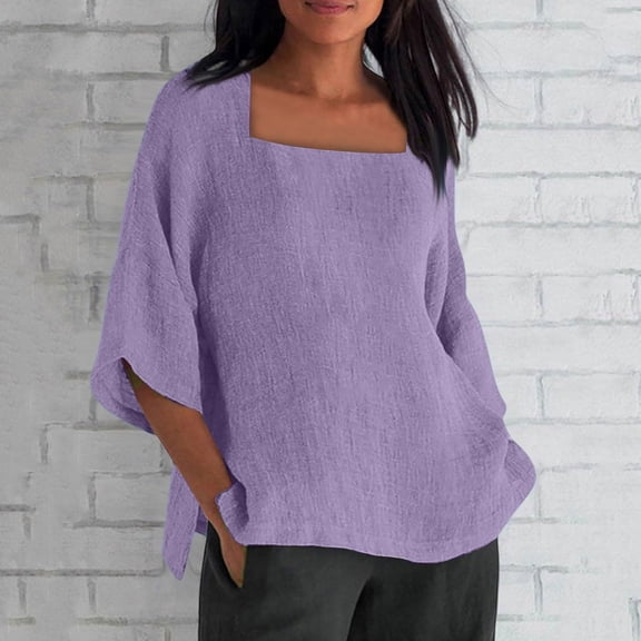 Women's Square Neck 3/4 Sleeve Cotton Shirt, Casual Chic Solid Color Tops with Baggy Loose Fit for Daily Wear and Banquet Occasions Light Violet M