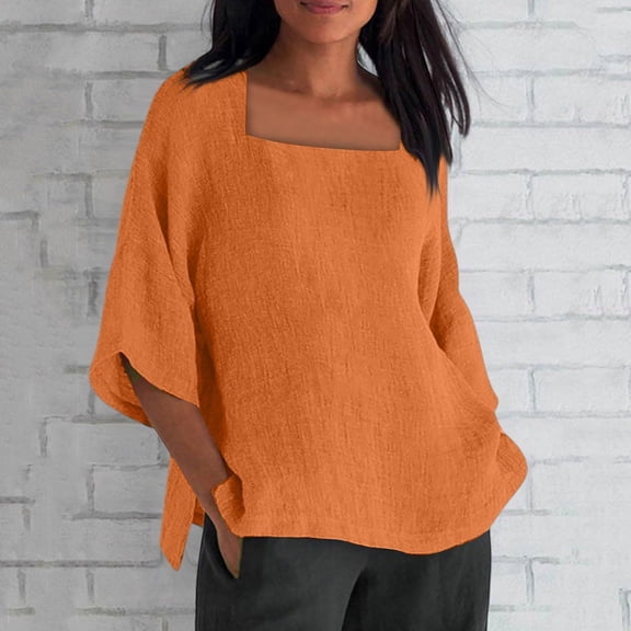 Women's Square Neck 3/4 Sleeve Cotton Shirt, Casual Chic Solid Color Tops with Baggy Loose Fit for Daily Wear and Banquet Occasions Orange XL