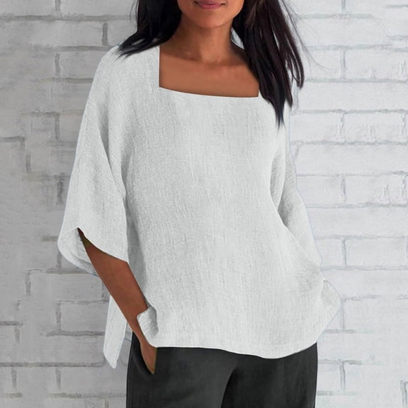 Women's Square Neck 3/4 Sleeve Cotton Shirt, Casual Chic Solid Color Tops with Baggy Loose Fit for Daily Wear and Banquet Occasions White XXL