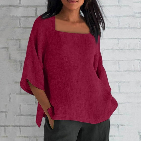 Women's Square Neck 3/4 Sleeve Cotton Shirt, Casual Chic Solid Color Tops with Baggy Loose Fit for Daily Wear and Banquet Occasions Wine XL