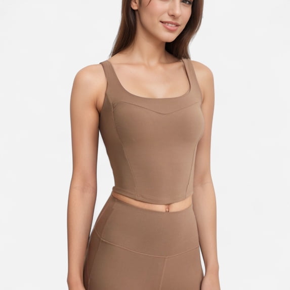 Women's Square Neck Active Crop Tank Top with Contour Seams Wide Straps and Sculpting Stretch Performance Fabric - Beige, Large