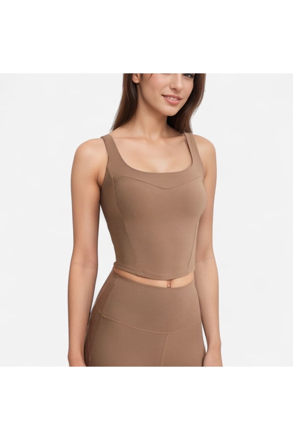 Women's Square Neck Active Crop Tank Top with Contour Seams Wide Straps and Sculpting Stretch Performance Fabric - Beige, X Large