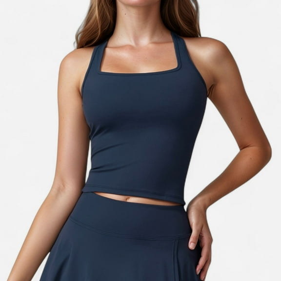 Women's Square Neck Active Tank Top with Built-In Bra and Racerback Design for Comfort and Movement - X Large, Navy