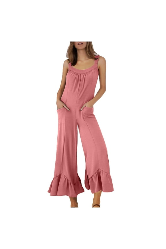 Women's Square Neck Backless Ruffle Cotton Jumpsuit Wide Lge Flared Hem Loose Overalls Sleeveless Tank With Pocket