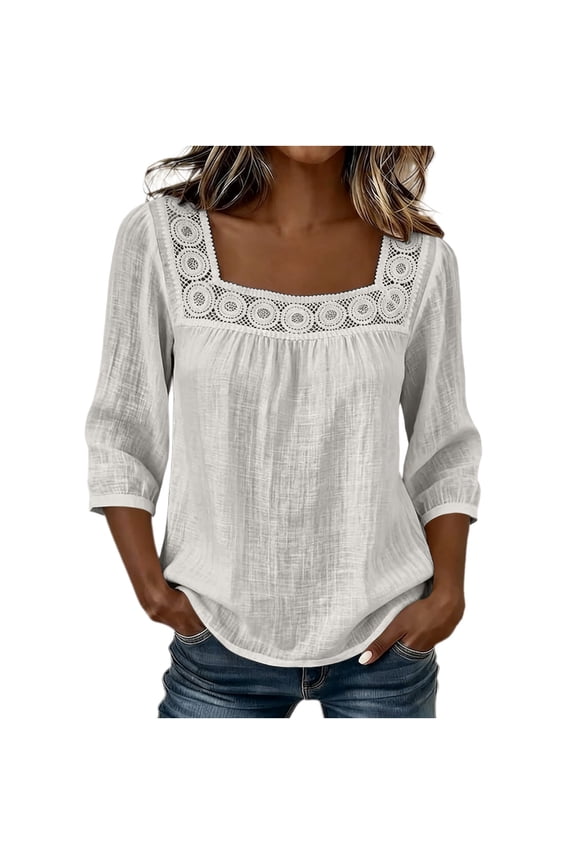 Women's Square Neck Blouse Lace Crochet Trim 3/4 Sleeve Casual Loose T-Shirt Hollow Out Splicing Tops S-3XL White