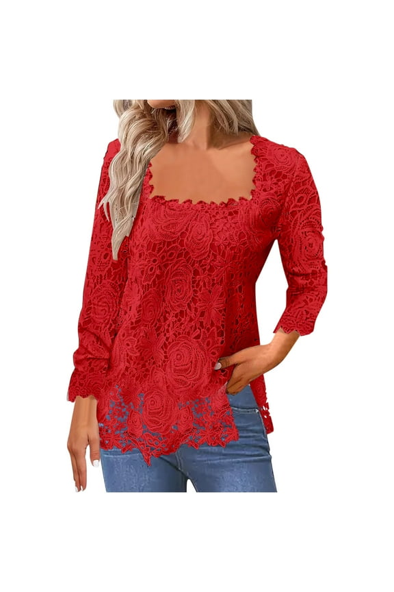Women's Square Neck Blouse Tunic Y2K Tops Dressy Casual Spring Elegant Shirts Long Sleeve Tunic Tops Loose Fit Flowy Solid Color Fashion 2024 Summer Clothes for Teen Girls Vintage Red T Shirts M