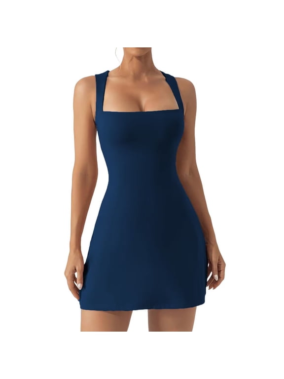 Women's Square Neck Bodice Dress Summer Casual Sleeveless Spaghetti Strap Tank Top Flare Bodycon Short Mini Dresses