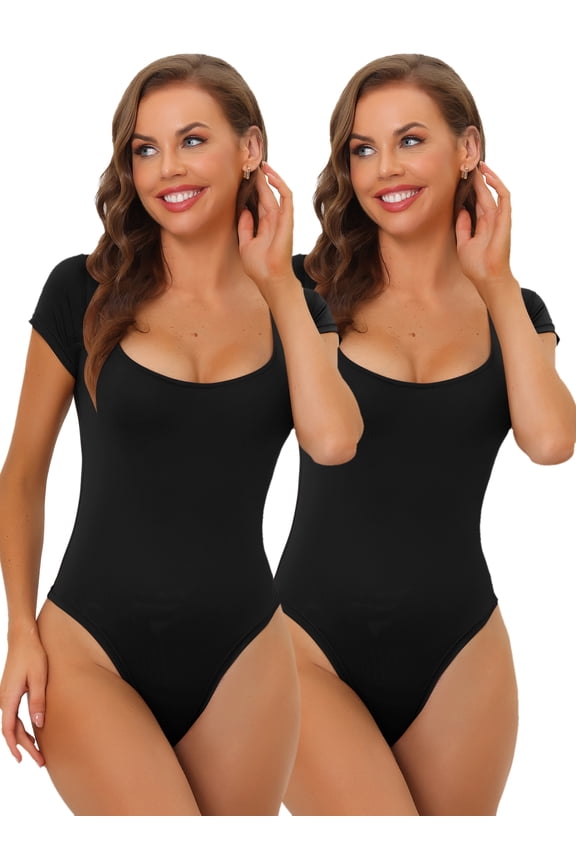 Women's Square Neck Bodysuit Tummy Control Shapewear Thong Short Sleeve Leotard Jumpsuit 2 Packs
