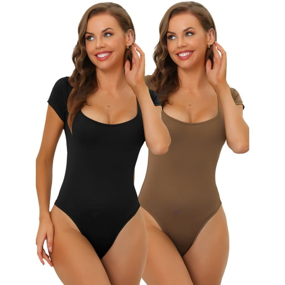 Women's Square Neck Bodysuit Tummy Control Shapewear Thong Short Sleeve Leotard Jumpsuit 2 Packs