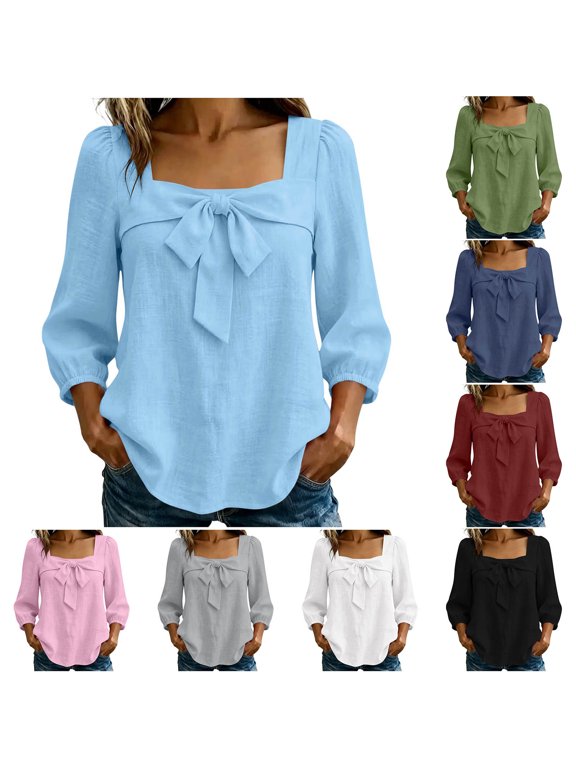 Women's Square Neck Bow Tie Blouse, 3/4 Puff Sleeve Elegant Top, Casual Breathable Lightweight Shirt White XL(XL)