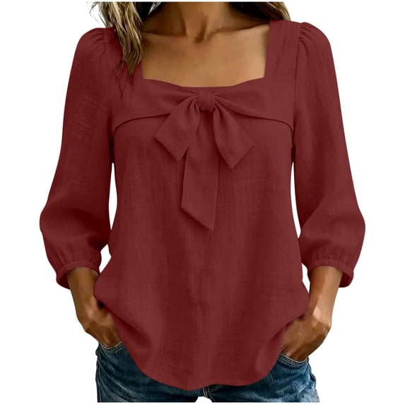 Women's Square Neck Bow Tie Blouse, 3/4 Puff Sleeve Elegant Top, Casual Breathable Lightweight Shirt Wine XL(XL)