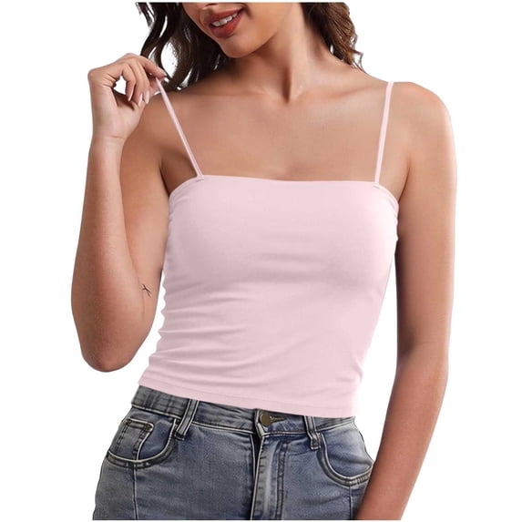 Women's Square Neck Built in Bra Tank Top Summer Seamless Sleeveless Spaghetti Strap Tank Top Slim Fit Daily Wear Undershirt Pink