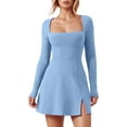 thumbnail image 1 of Women's Square Neck Bustier Mini Dress Long Sleeve Slit Flare Casual Summer Party Outfit, 1 of 1