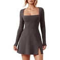 thumbnail image 1 of Women's Square Neck Bustier Mini Dress Long Sleeve Slit Flare Casual Summer Party Outfit, 1 of 1