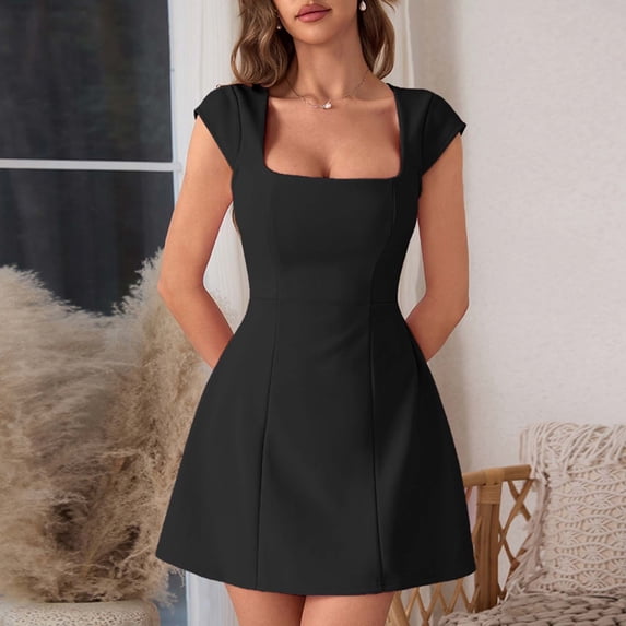 Women's Square Neck Cap Sleeve Fully Lined Mini Dress Zipper A Line Party Club Dresses, Mother of The Bride Dresses, Formal Wedding Guest Dress(Black,M)