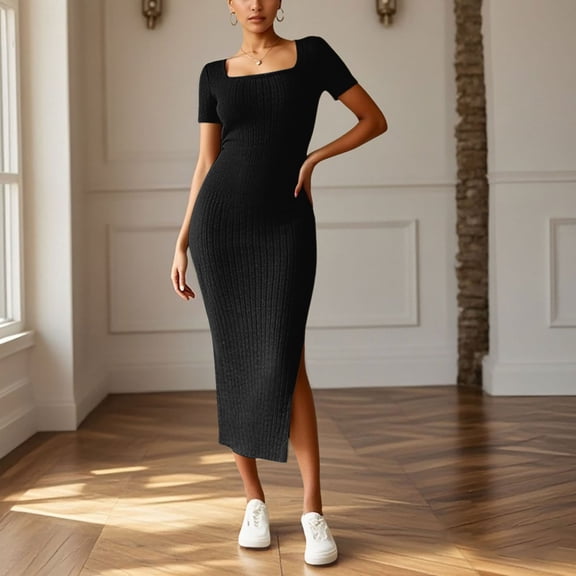 Women's Square Neck Casual Maxi Dress Stretchy Ribbed Knit Long Dress for Spring Summer Comfortable Flowy Elegant Outfit