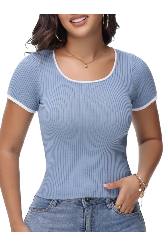 Women's Square Neck Color Block Slim Fit Summer Basic Tee