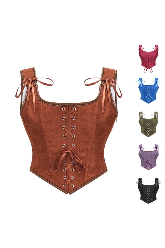 Women's Square Neck Corset Top Renaissance Pirate Tie Front Clothing Overbust Bustier