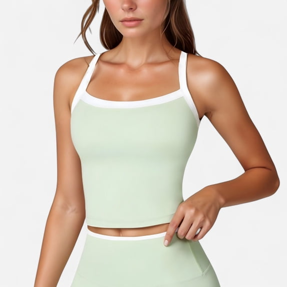 Women's Square Neck Cropped Active Tank with Contrast Trim and Built-In Bra for Light Support - Large, Green