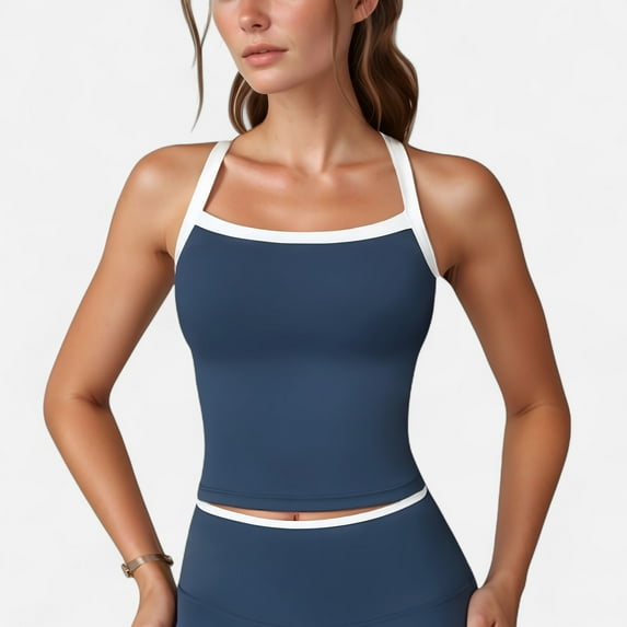 Women's Square Neck Cropped Active Tank with Contrast Trim and Built-In Bra for Light Support - Large, Navy