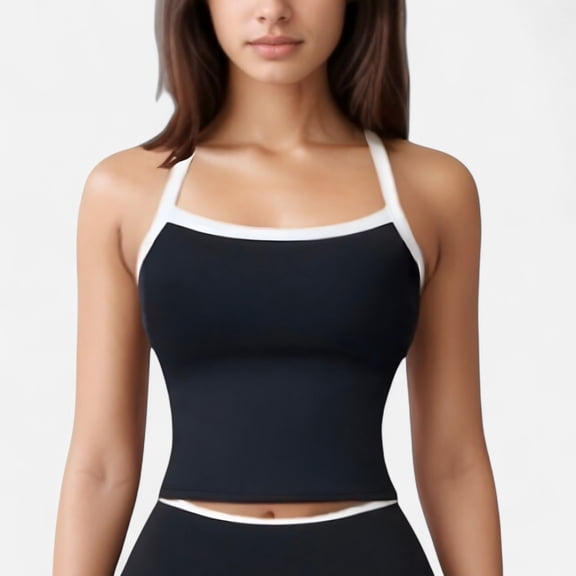 Women's Square Neck Cropped Active Tank with Contrast Trim and Built-In Bra for Light Support - Small, Black